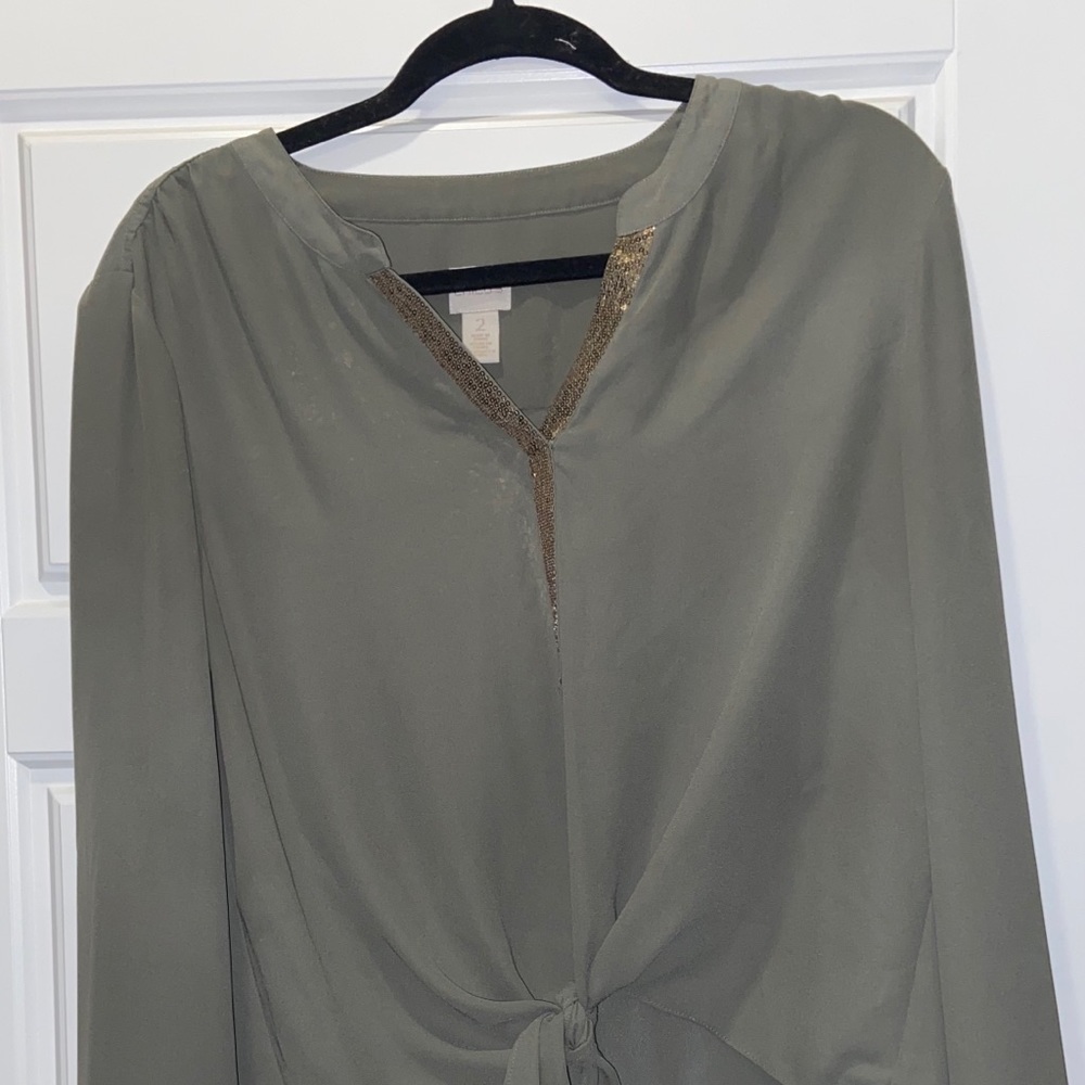 Olive Green Tied Blouse with Sequins